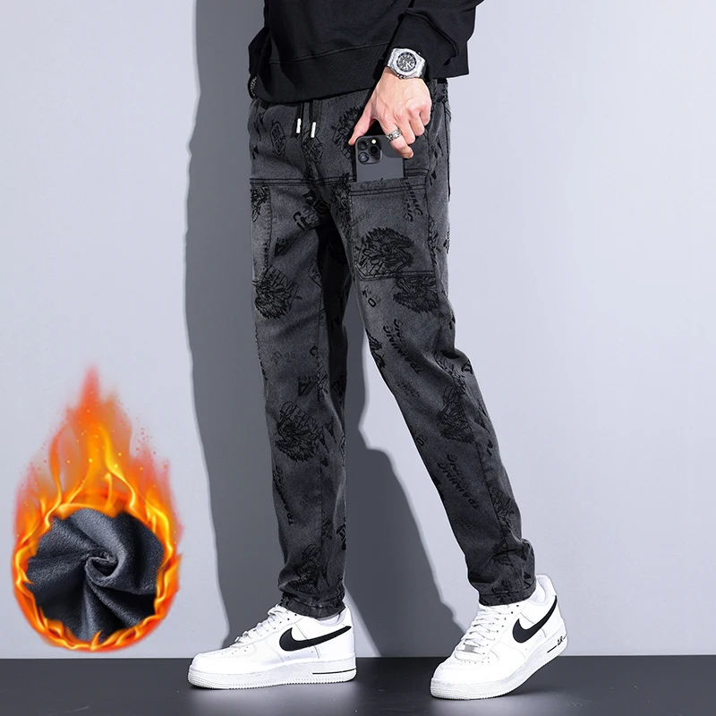 

Зимние теплые бархатные мужские повседневные брюки с узором, флисовые молодежные модные эластичные брюки с 6 карманами, спортивные штаны для бега, уличная одежда