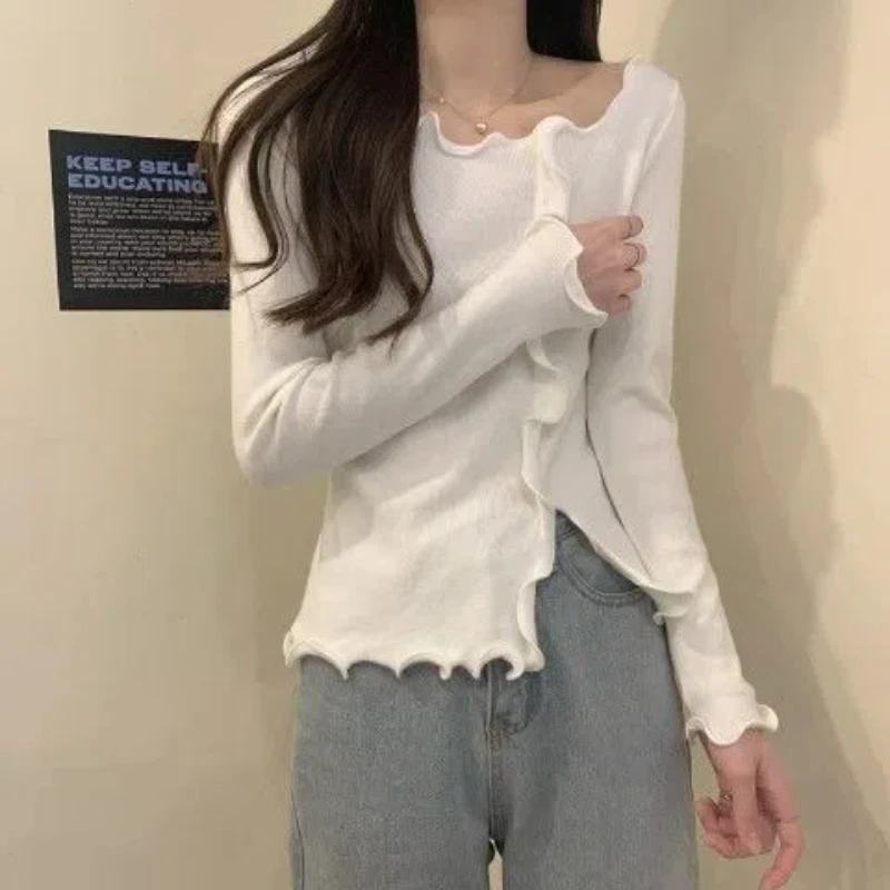 Irregular Slit Mushroom Edge Women's 2024 Autumn and Winter New Item Splicing O-Neck Fashion Solid Slim Long Sleeved Knitted Top