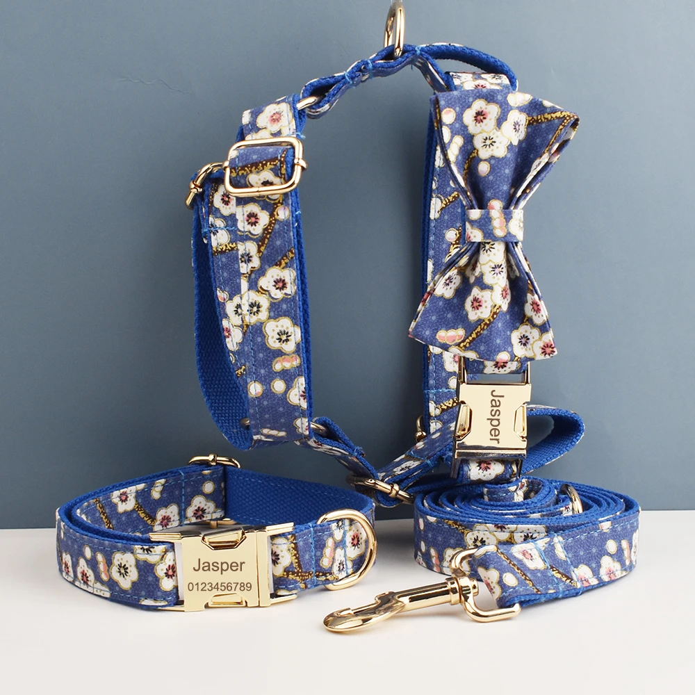 

Luxury Personalized engravable dog collar Harness Leash Set Soft Cotton Floral Design Custom Bow Accessory for Dogs 02