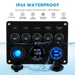 24V Switch Panel Marine Switch Panel Waterproof 5-Button Switch Panel Usb Switch Led Digital Voltmeter Cigarette Lighter Socket