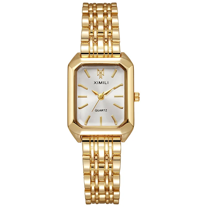 Luxury Ladies Fashion Quartz Watch Gold Plated Square Dial Stainless Steel Folding Business Women Watches Simple Scale