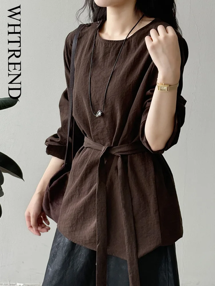 

WHTREND Round Neck Tie Casual Shirt For Women Autumn Versatile Long Sleeves Bandage Waist Top WH1476