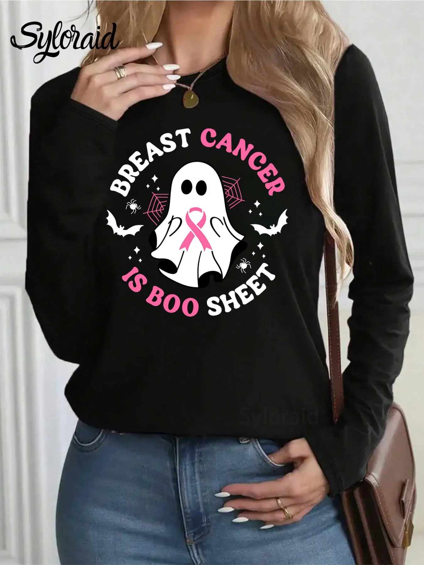 تي شيرت نسائي طويل الأكمام بشريط شبح للتوعية بسرطان الثدي جرافيك تي شيرت عصري برقبة دائرية كاجوال #2