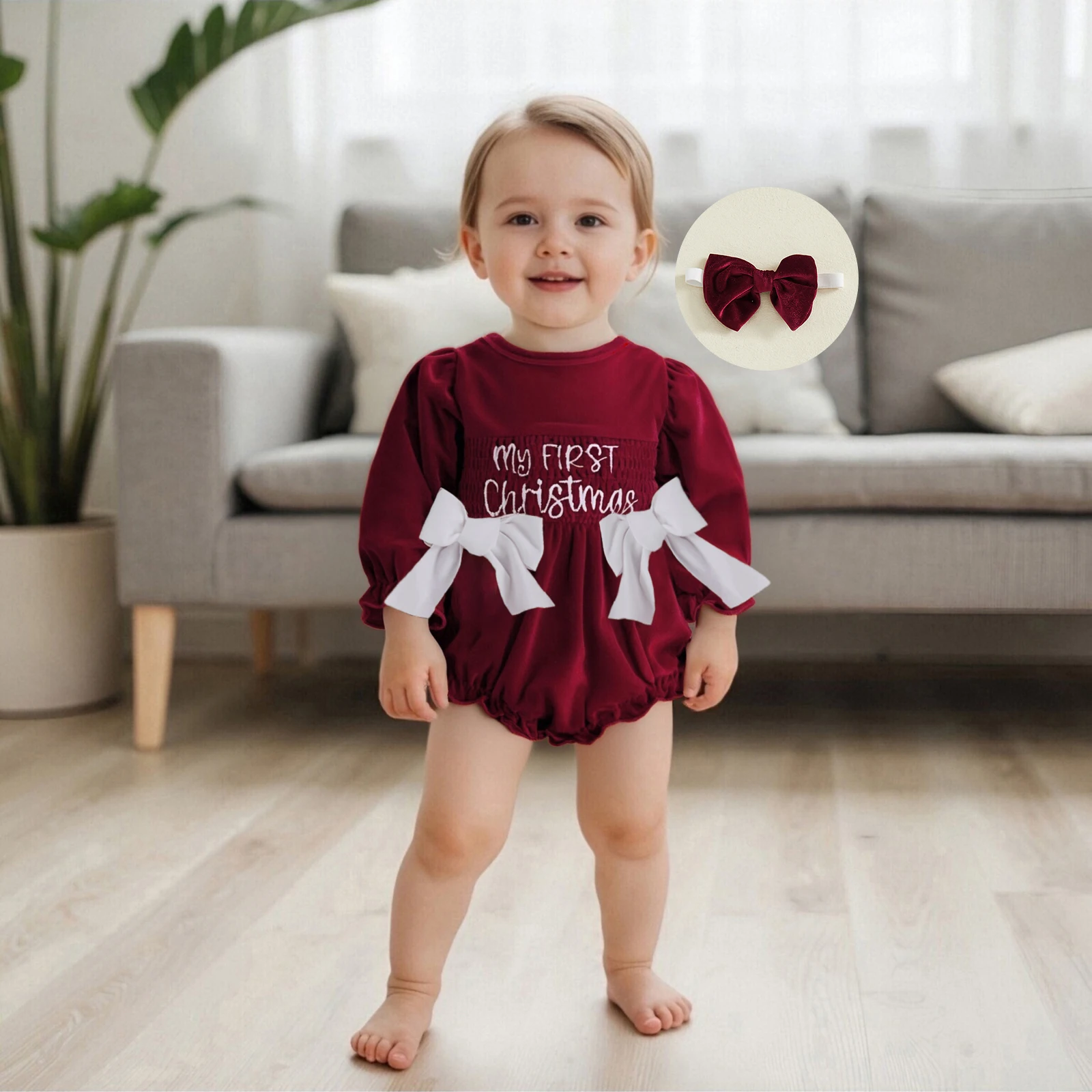 Baby Girl Christmas Bodysuits Outfit Letter Embroidery Long Sleeve Velvet Romper Bow Headband 2 Piece Set