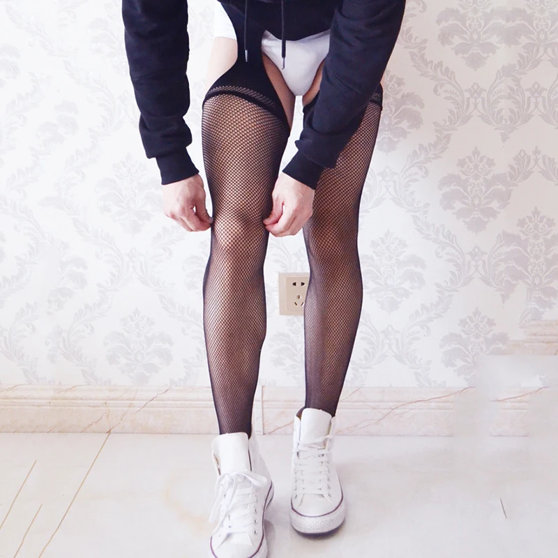 

Gothic Stockings Costume Tights Thin Black See Through Fishnet Nightclub Party Men's Garter Belt Pantyhose Sissy