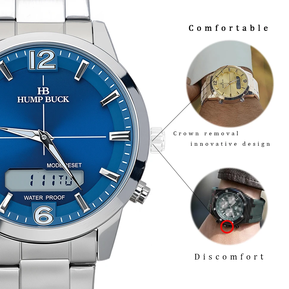 Мужские часы HUMPBUCK с двойным дисплеем, спортивные наручные часы 12/24 часа, водонепроницаемые и секундомер, идеально подходящие для ежедневного использования