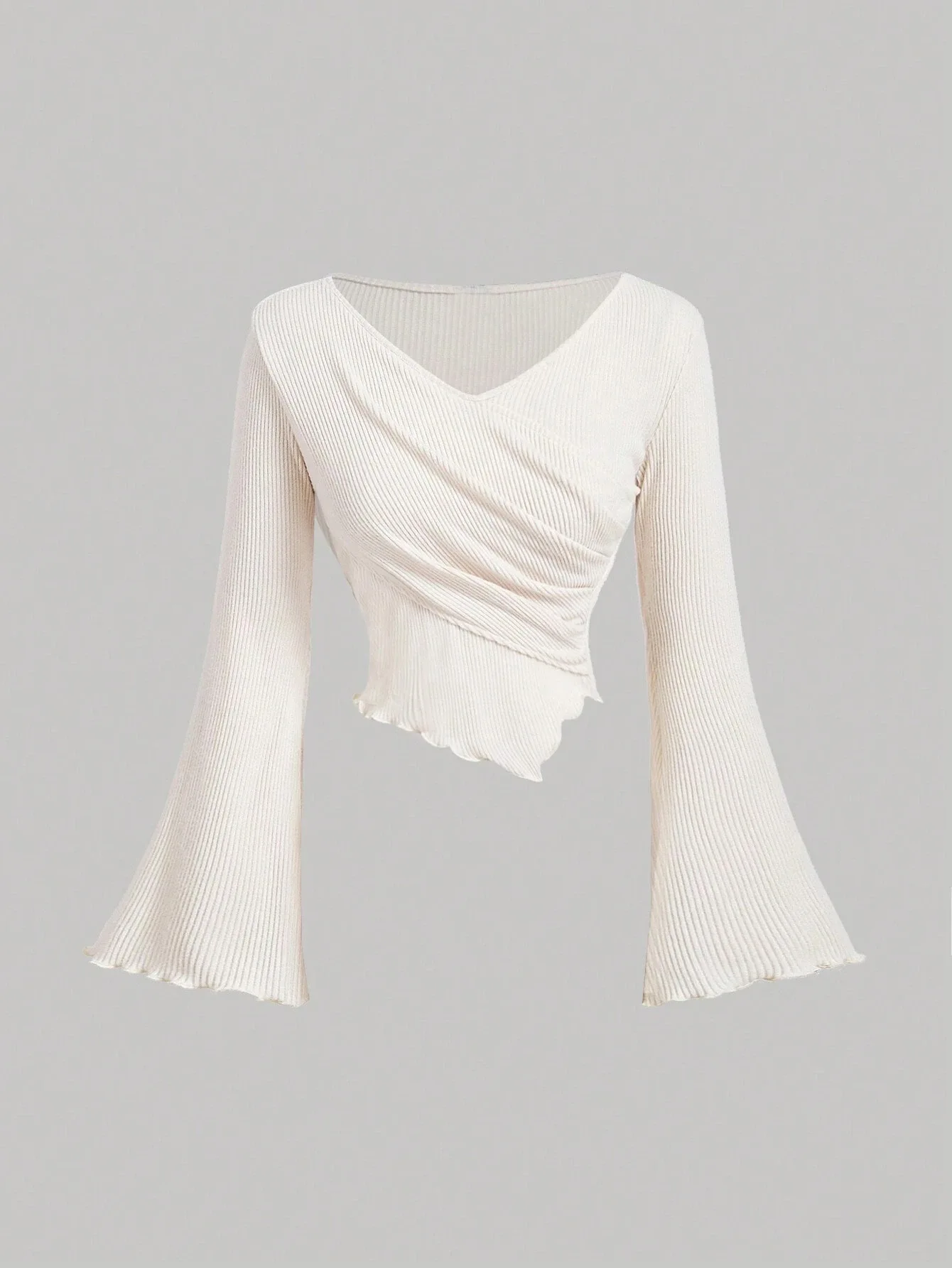 

Women's Solid Color Ribbed Wrap Top Long Bell Sleeve Asymmetrical Cropped Blouse Elegant Casual Knit Shirt For Daily & Dating