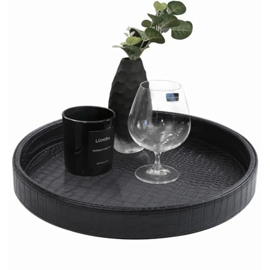 Bandeja Redonda de Piel Sintética Vegana con Diseño de Cocodrilo, Bandeja Decorativa para Servir Comida, Bebidas, Aperitivos y Cosméticos, Diámetro 12'' x