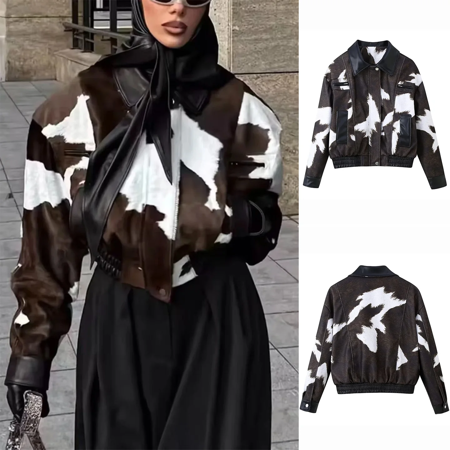 

Новая зимняя женская куртка в американском ретро-стиле с воротником, длинными рукавами, принтом под коровью шкуру, из искусственной кожи, короткая, верхняя одежда, женское пальто