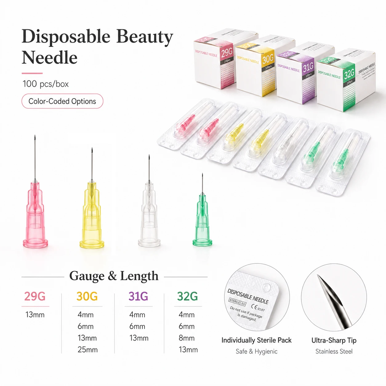 100pcs/Box Disposable Sterile Beauty Injection Needles 29G 30G 31G 32G 4/6/8/13/25mm Ultra Thin Needles Hypodermic Needles