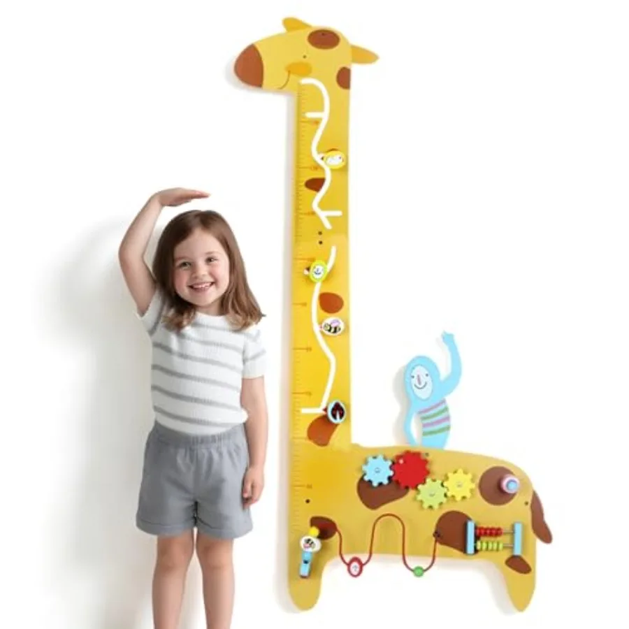 

Wooden Giraffe Growth Chart Montessori Height Ruler for 3-6 Natural Wood Color 5-in-1 Sensory Activities: Bead Maze Gears Slide