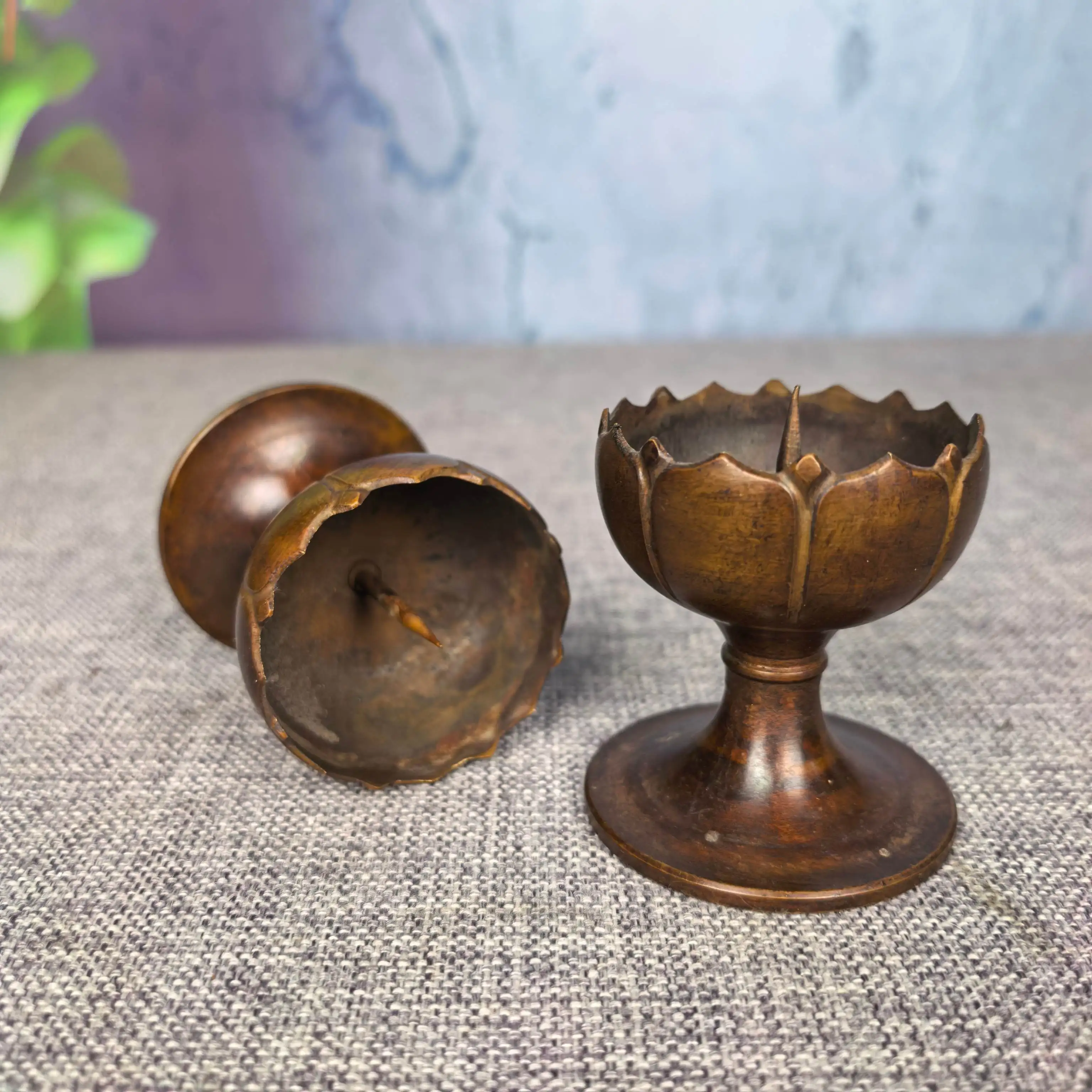 Old Brass Lotus wine cup shape candlestick a pair Town house screen Study desktop Amass wealth Ornaments