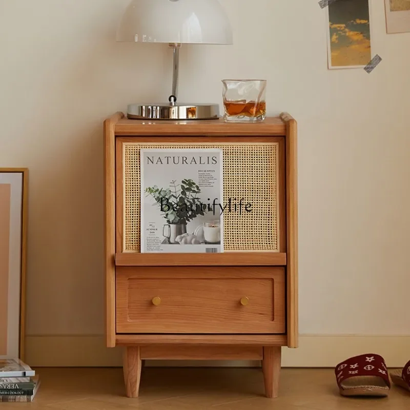 Nordic solid wood rattan bedside table narrow cherry wood mini locker Japanese rack