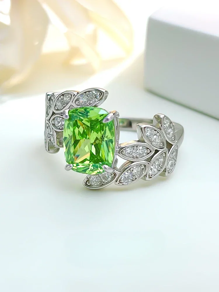 

Light Luxury Leaf Apple Green 925 Sterling Silver Ring Set with High Carbon Diamond Design Unique Wedding Jewelry Wholesale