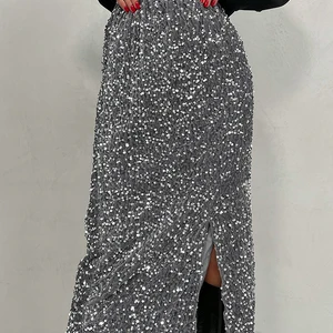 أنيقة عيد الميلاد الترتر فساتين سهرة طويلة عالية الخصر مثير تنورة ميدي النساء شق الفضة ميدي تنورة الترتر للنساء 2024 أفضل 8 تنورة معدنية مبيعا - رقم 5