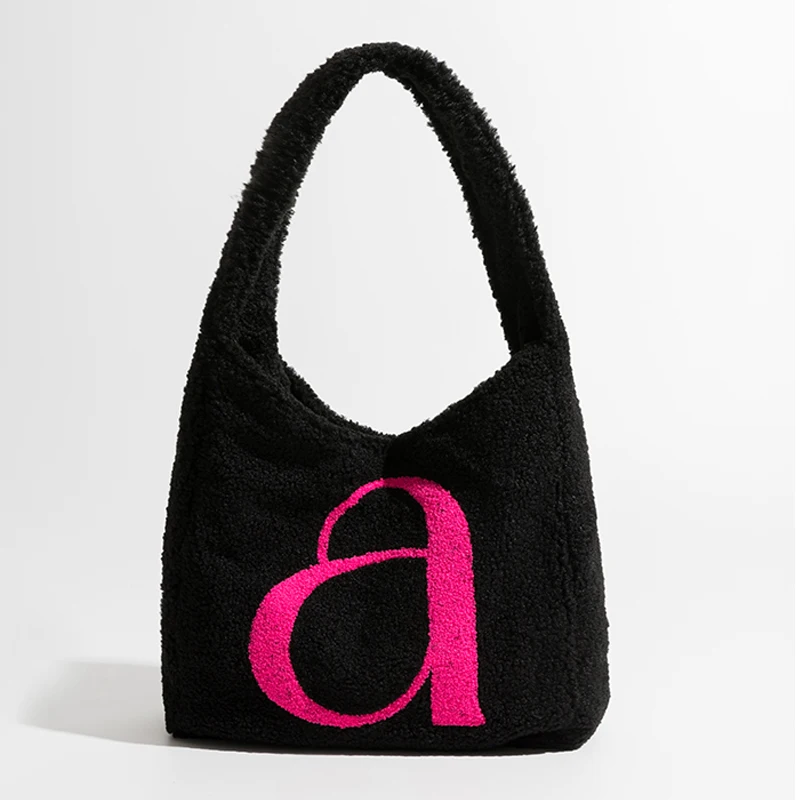 

Faux Fur Bucket Tote Bags For Women Luxury Designer Handbag Purse 2023 New In Fashion Korea Lambswool Letter Decorate Shoulder