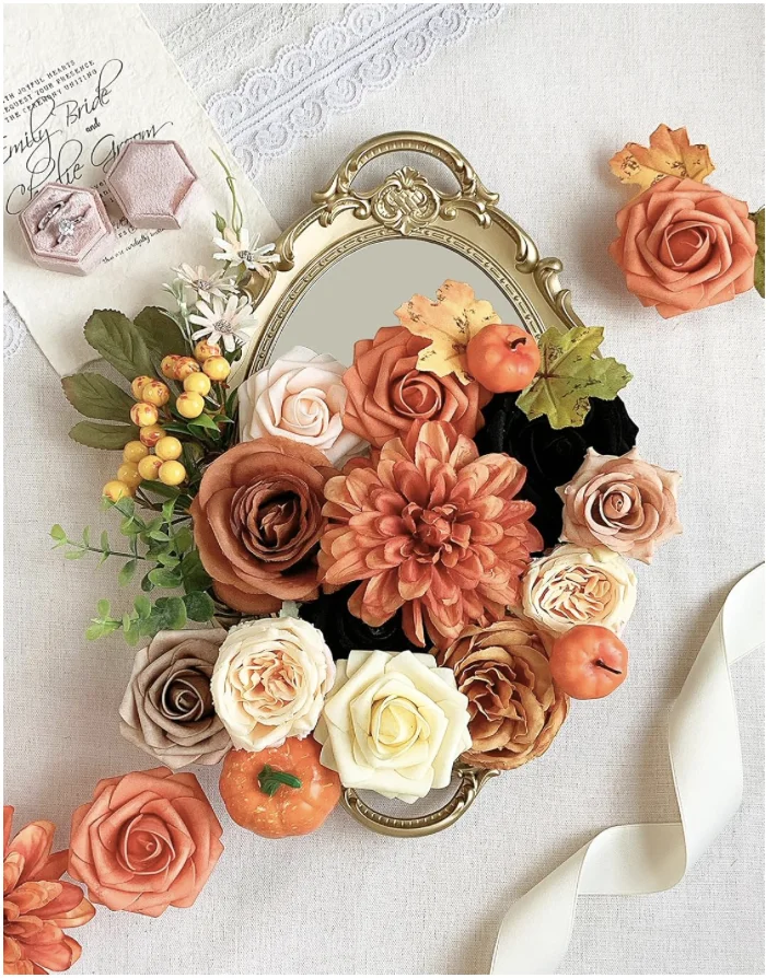 Roses Artificial Flowers Fall Orange Black Bouquet Box Set for DIY Halloween Wreath Autumn Wedding Bridal Shower Decorations