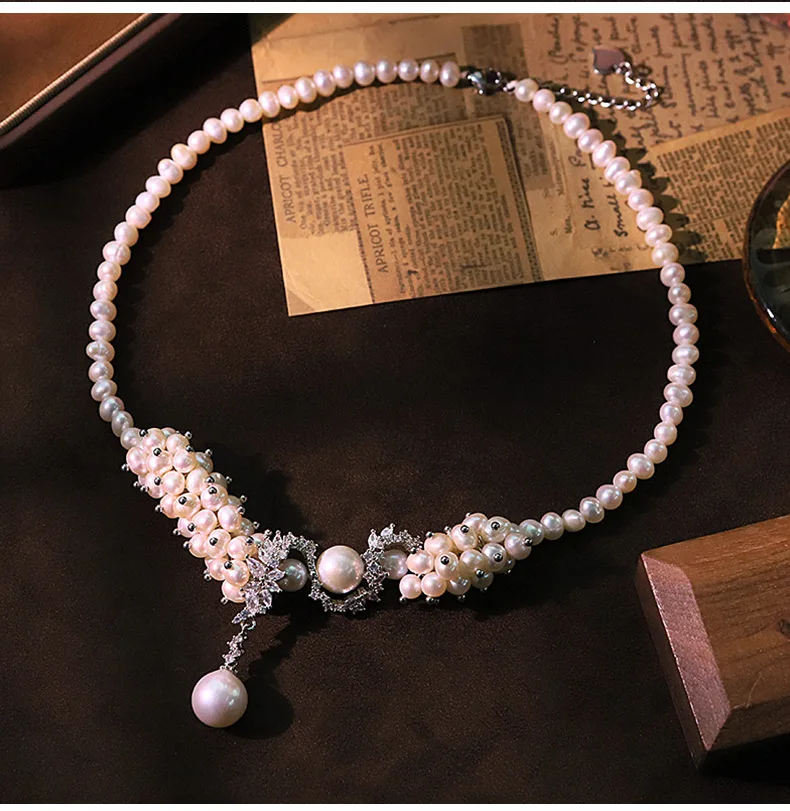 

Luxury Collarbone Necklace Simulated Pearl Flower Vine S-Shaped Cubic Zircon Neck Chain for Women Trendy Daily Party Jewelry