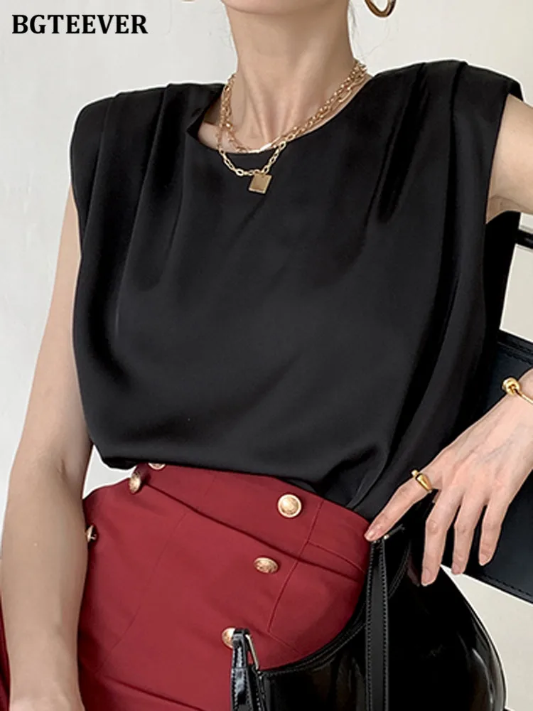 BGTEEVER Stylish Chic O-neck Women Satin Blouses 2022 Spring Summer Loose Female Sleeveless Tops Elegant Ladies Blusas