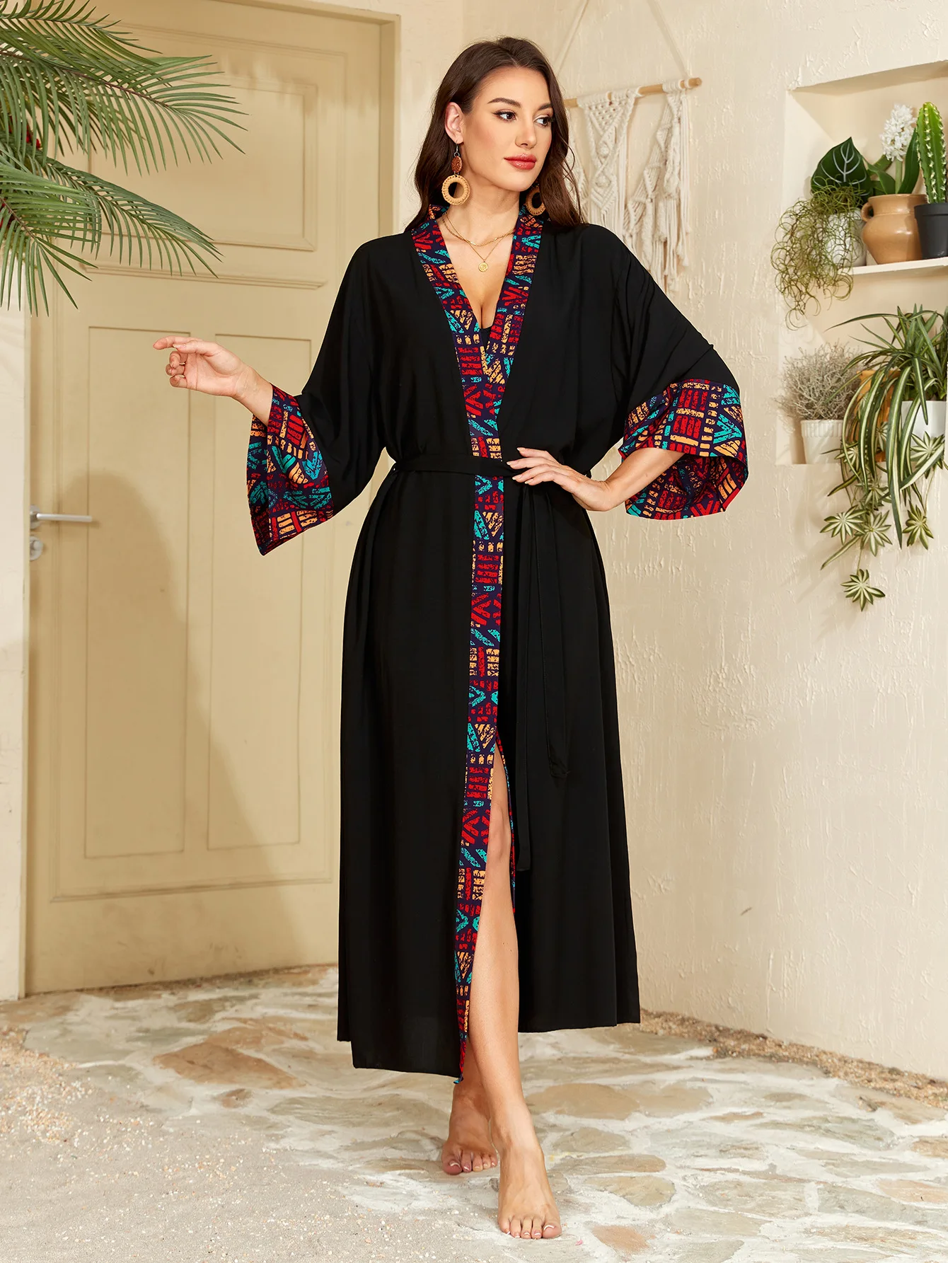 Beach Cover Ups Long Kimonos for Women Folk Printed Patchwork Self-belted Robes Home Loungue Wear Swimsuit Bathing Suits