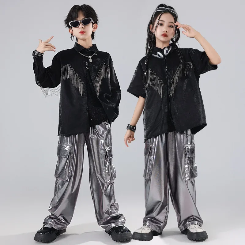 

Children Boy Girl Teen Fashion Show Tassel Shirt Leather Cargo Pant 2 Piece Sets Performance Costume Kids Hip Hop Jazz Clothing