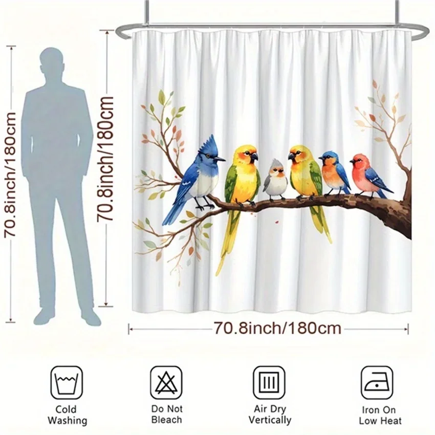 ~O~1pc Colorful Birds Shower Curtain - Blue Jay, Parrot, Finch, Watercolor Design, Polyester, 70.8x70.8In, 12 Hooks, Playful Nat