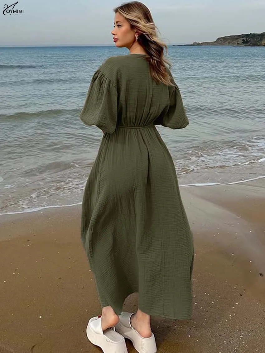 Oymimi-vestidos elegantes de algodón verde para mujer, vestidos con cordones y manga abombada con cuello en V, vestido informal holgado hasta el tobillo para mujer