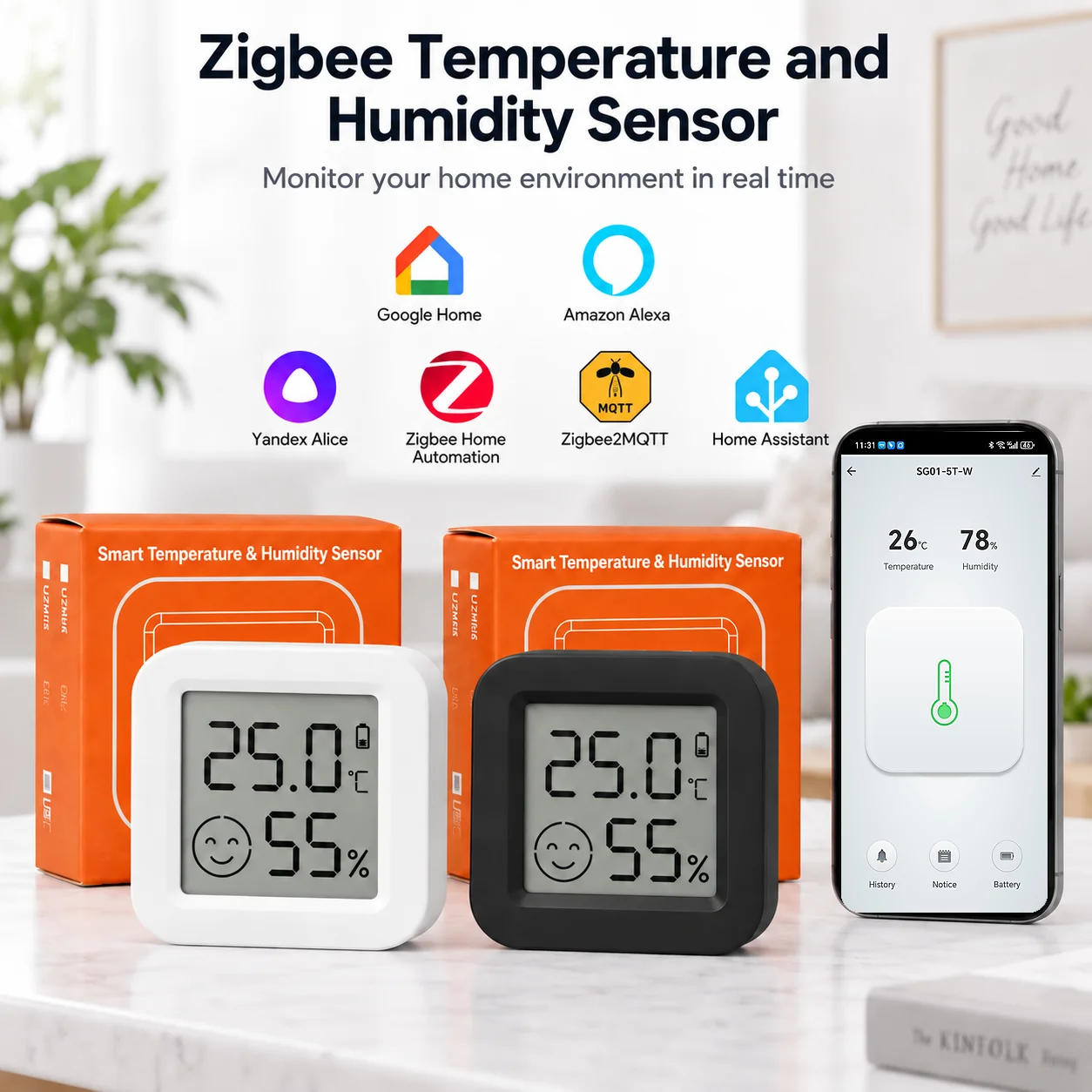Zigbee Temperatur- und Feuchtigkeitssensor mit LCD-Anzeige, kompatibel mit ZHA, Yandex, Zigbee2MQTT, Alexa, SmartLife