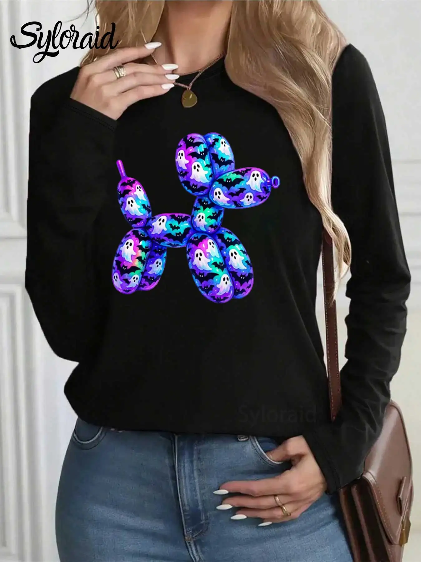 المرأة طويلة الأكمام تي شيرت هالوين بالون الكلب تي شيرت الكلب هالوين قميص أزياء جولة الرقبة عارضة أعلى #2