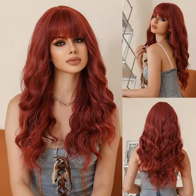 

Synthetic Halloween Copper Red Long Wavy Soft Cosplay Wig With Bangs