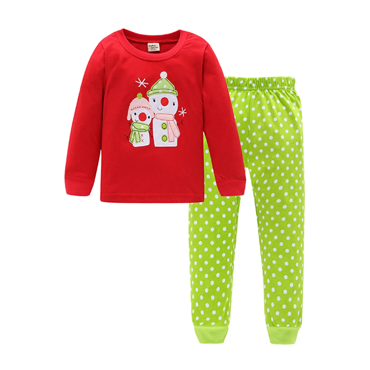 Snowman Christmas Pajamas Set for Boys and Girls Home Clothes Long Sleeve Red Top Green Polka Dot Pants Two Pieces Set