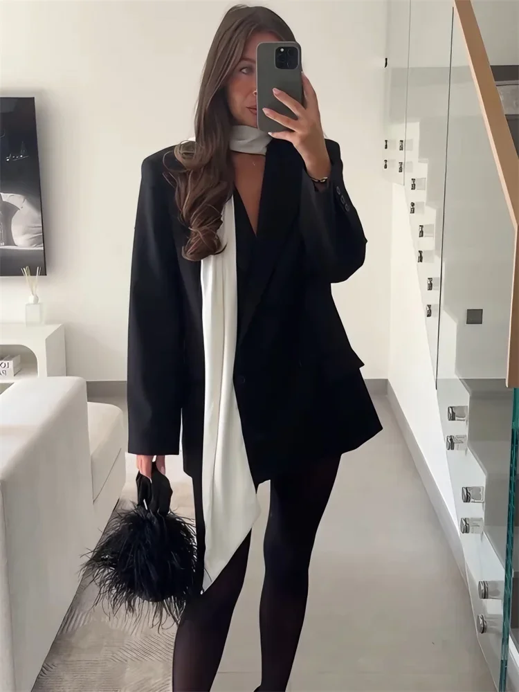 

2026 Scarf Blazers jacket Female Elegant Long Sleeve Patchwork Commute Pocket Outwear Women's Contrast Suit jacket New