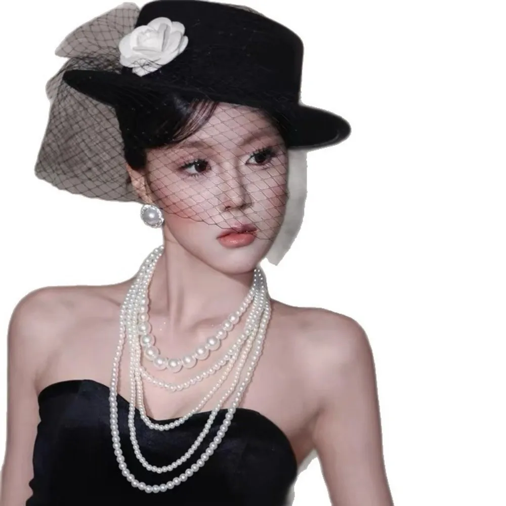 Black Velvet Camellia Mesh Top Hat Mesh Design Vintage Net Black Velvet Flat Hat Flower Top Elegant Style Mesh Banquet Hat