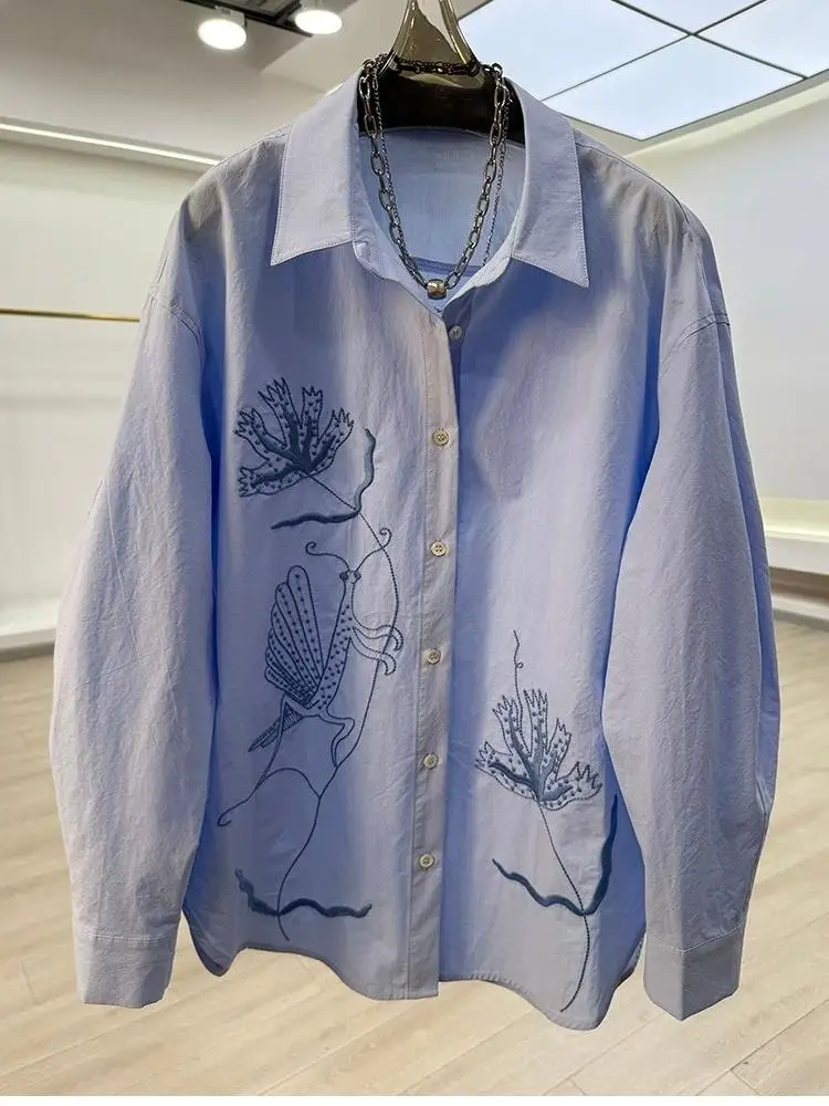SuperAen Design Embroidered Flowers Sweet Blouse for Women New 2026 Autumn Simple Loose French-style Shirts