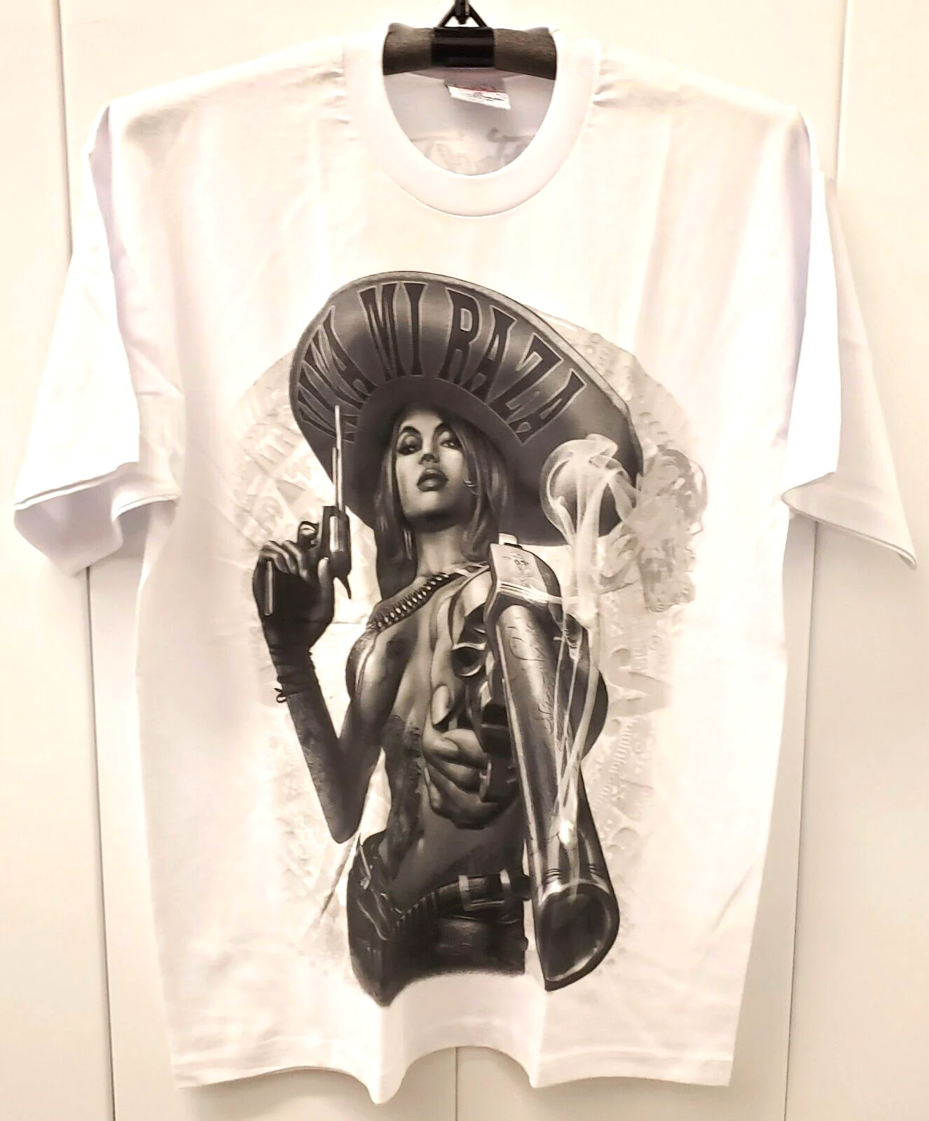 Viva Mi Raza T-shirt Tattoo Gun Art Urban Streetwear Tee Męska 2XL Biała Nowa