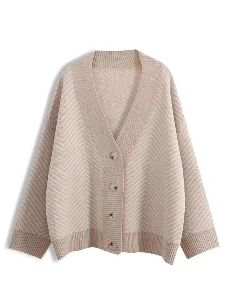 Nuevo Suéter informal holgado a rayas para mujer, chaqueta holgada informal de punto de manga larga con cuello en V a la moda para oficina