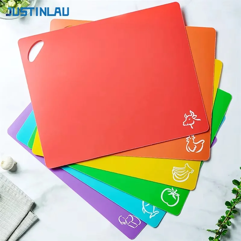 JUSTINLAU 6Pcs Colorful Flexible Chopping Block Non-slip Cutting Board Ltra-thin Cutting Mats with Food Icons Kitchen Tools