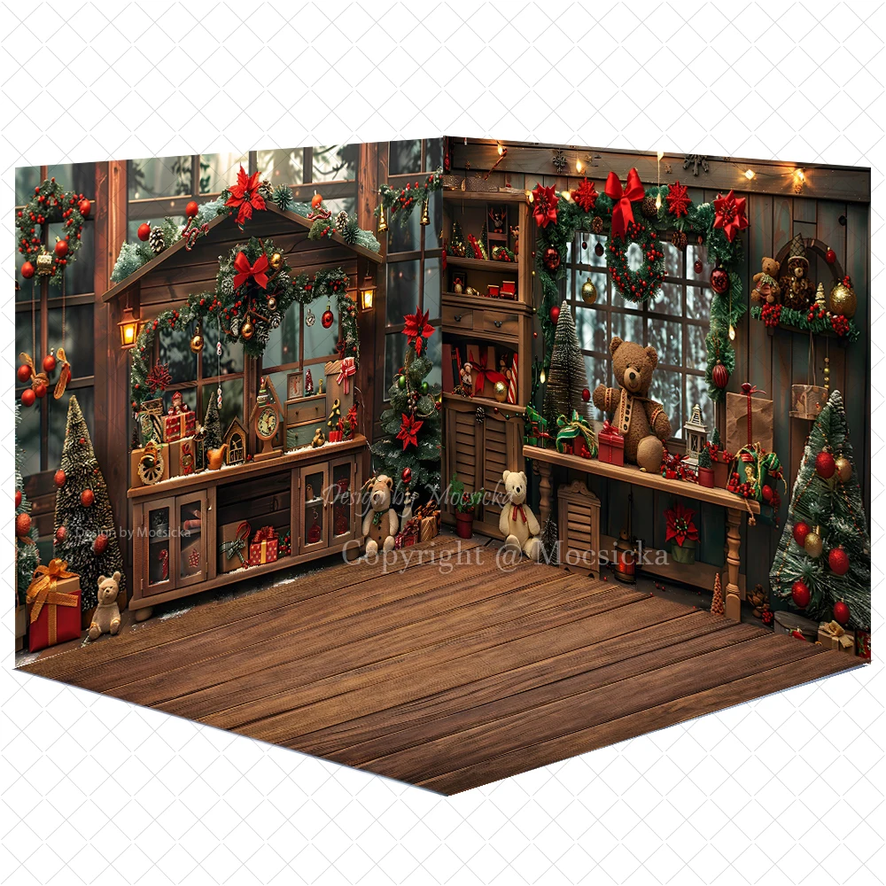 Kids Christmas Night Photography Background Red Xmas Flower Santa Claus Workshop Backdrop Gift Wooden House Window 3D Photozone