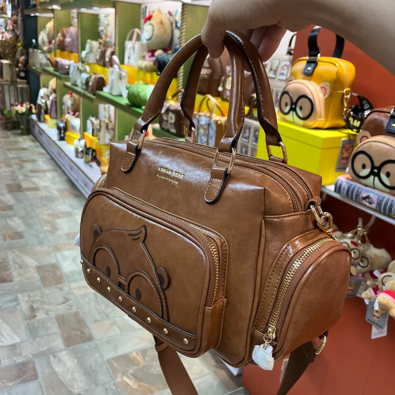 CREAM BEAR Large Capacity Boston Handbag 2024 Summer New Cartoon Cute Shoulder Bag Fashion Soft Leather Women's Crossbody Bags