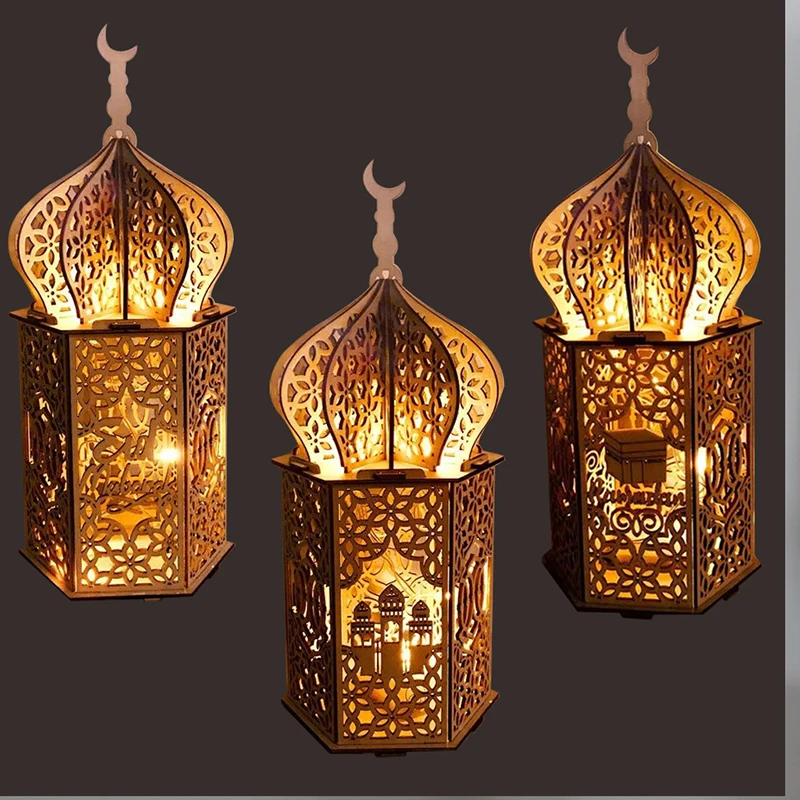 Ramadan Wooden Hollow Lantern Lights Islamic Wood Mosque Home Decoration Eid Mubarak Decor Ramadan Kareem  Hanging Supplies