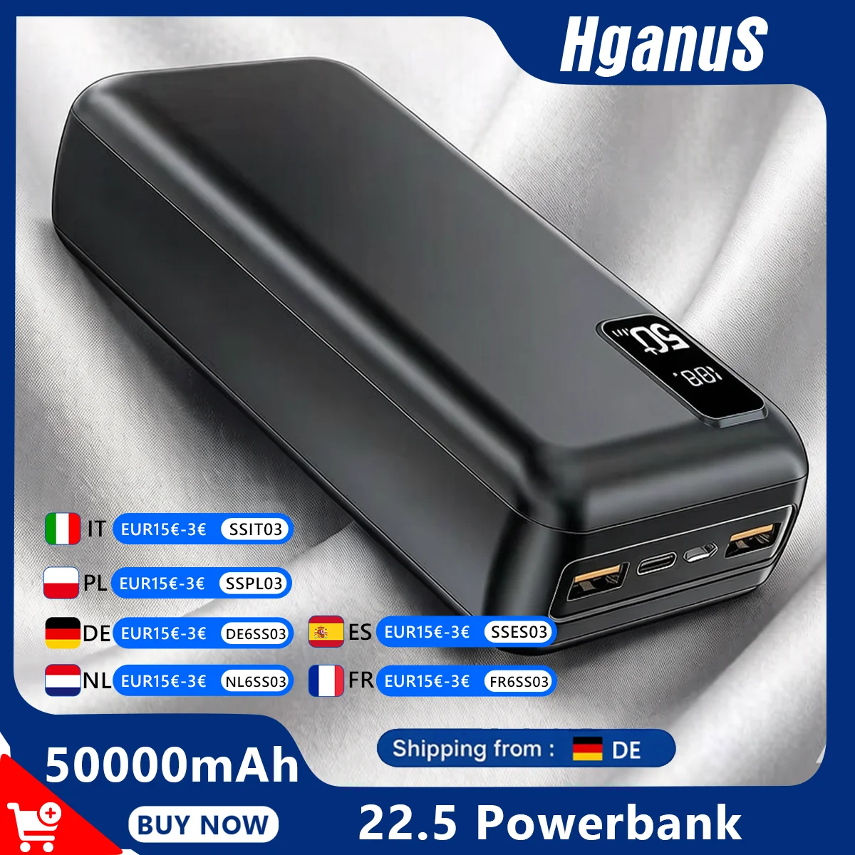 Hganus 50000 mAh Powerbank 22,5 W schnelles Aufladen, tragbare Powerbank, externer Akku, hohe Kapazität, für den Außenbereich, für iPhone, Xiaomi, Samsung