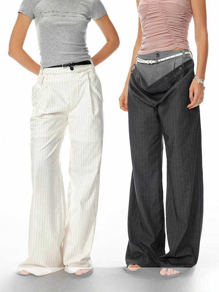 

Свободные широкие брюки-костюмки с двойным поясом и заниженной проймой, комфортные, модные, длинные брюки для молодых женщин