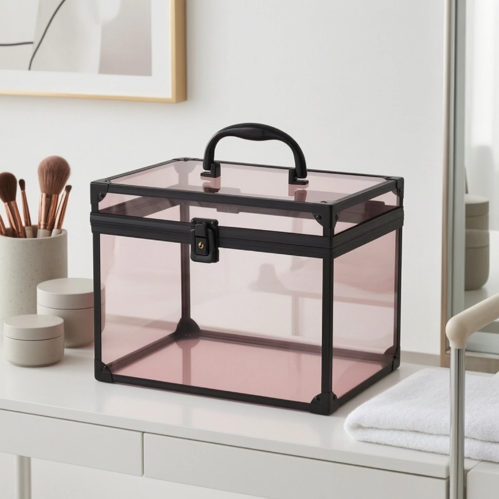 Acrylic Cosmetic Case Portable Makeup Case Cosmetic Box Lockable Container Long-Lasting for Beauticians, Vanity, Salon