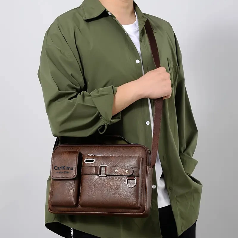 Atmungsaktive, leichte Vintage-Umhängetasche für Herren, stilvolle Leder-Sling-Tasche mit Reißverschluss für Arbeit, Reisen und den täglichen Weg zur Arbeit – Detail 10