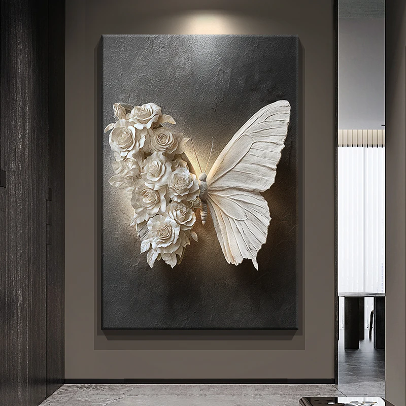 High sense black and white butterfly entrance decorative painting relief three-dimensional