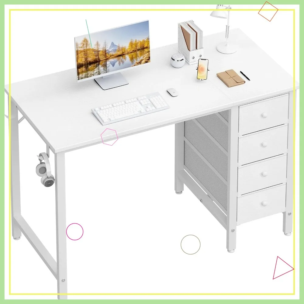 

40 Inch Small White Desk with Drawers for Bedroom, Study & Home Office