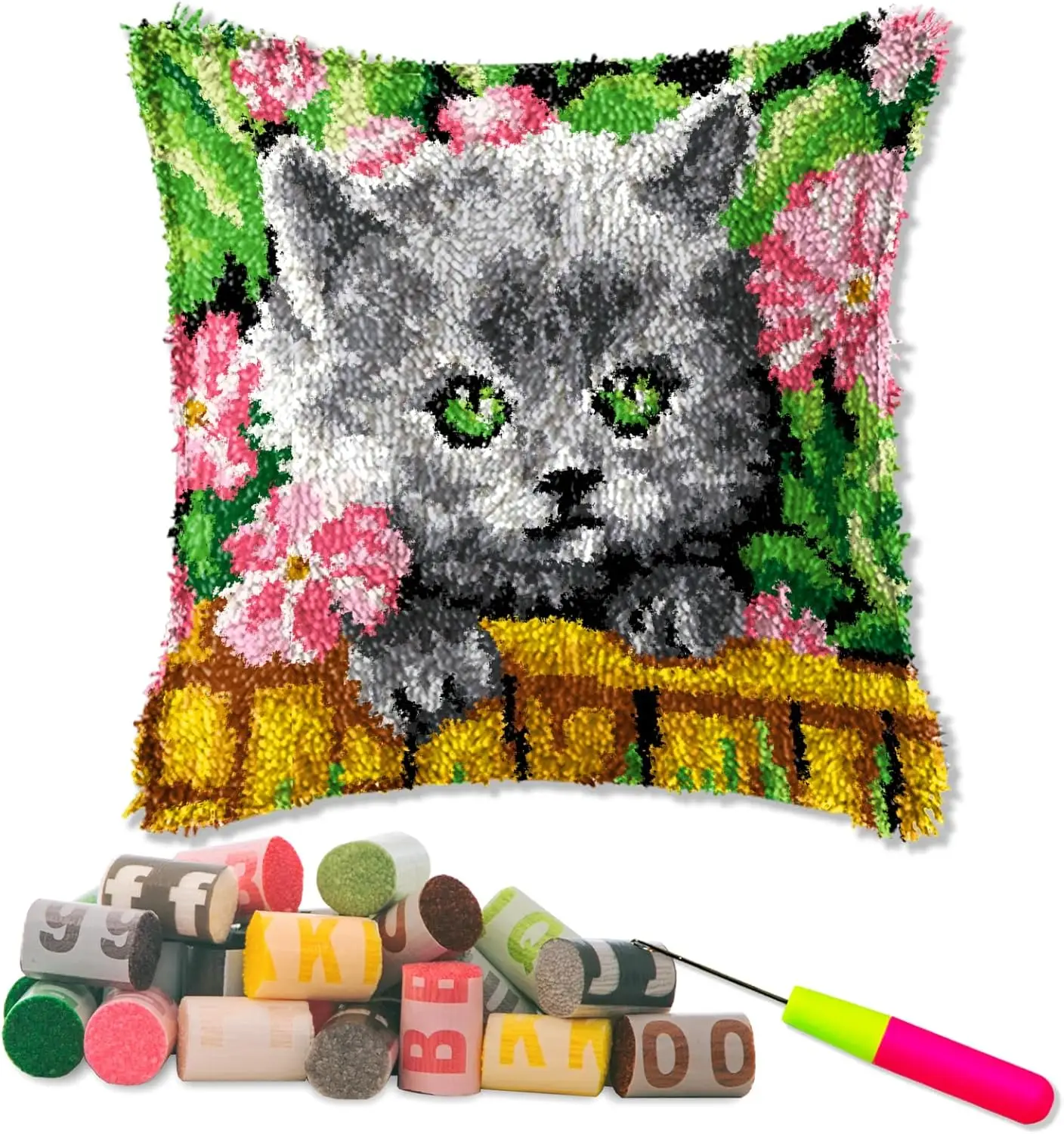 Latch Hook Kits for DIY Throw Pillow Cover,Flower Cat Needlework Cushion Cover Hand Craft Crochet 17X17inch