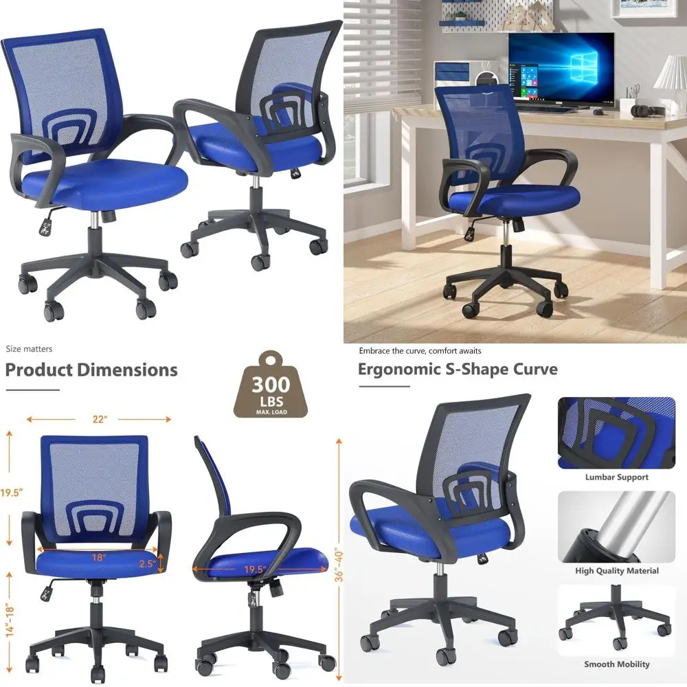 

Ergonomic Navy Blue Mid-Back Mesh Office Chairs with Lumbar Support, Adjustable Swivel, Comfy Armrests, 2-Pack for Work, Study,