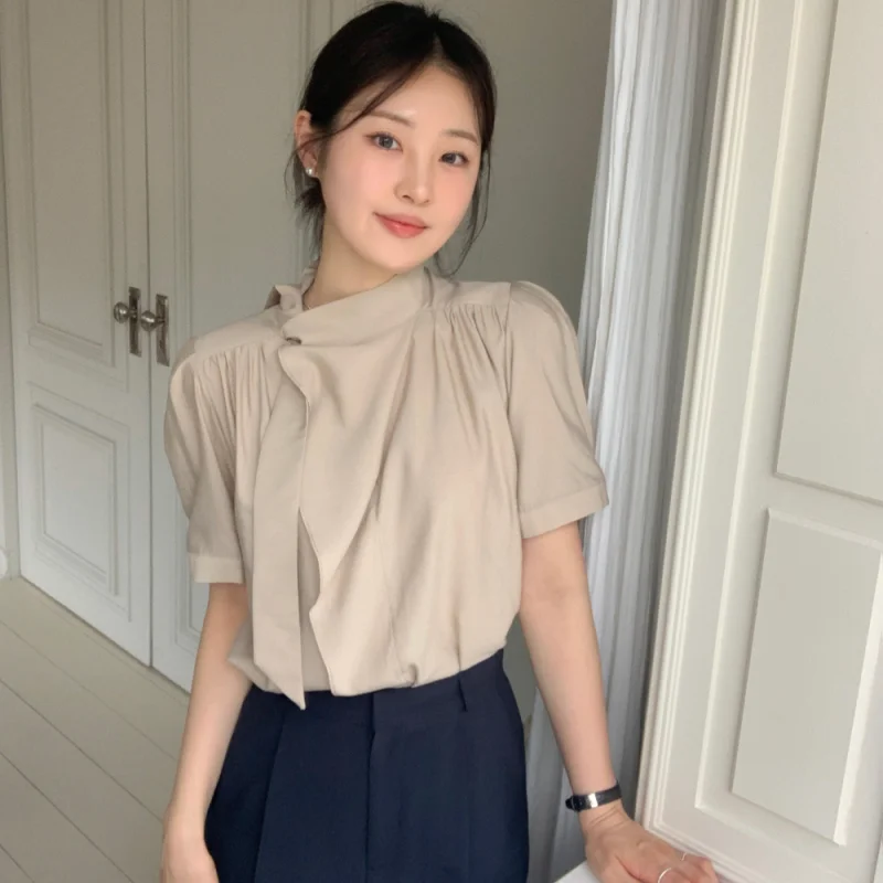 

Slimming Pure Color Short Sleeve Chiffon Shirt Women's Fashion Dongda Gate Straight Wave Plaid Belt French Style Loose Fit Shirt