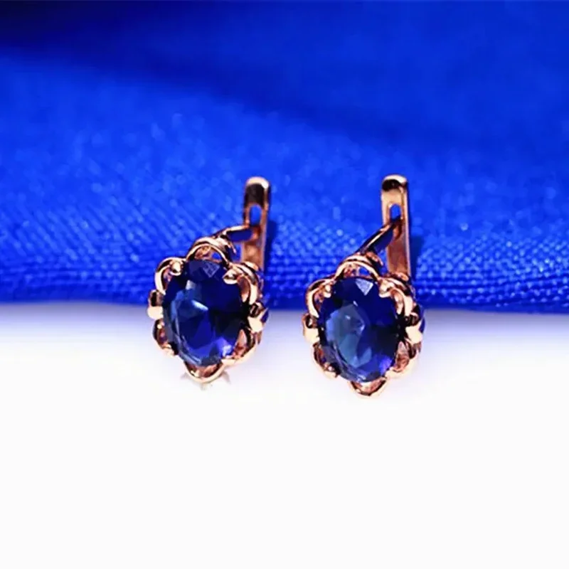 Plated 14K Rose Gold Inlaid Sapphire Flower Rings for Women Open Elegant High End Engagement Party Jewelry